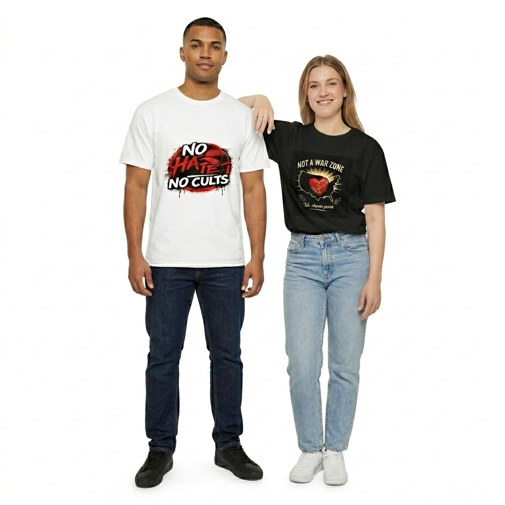 Male and female models in a white and black tee from our trending shirt designs; shop best sellers now.