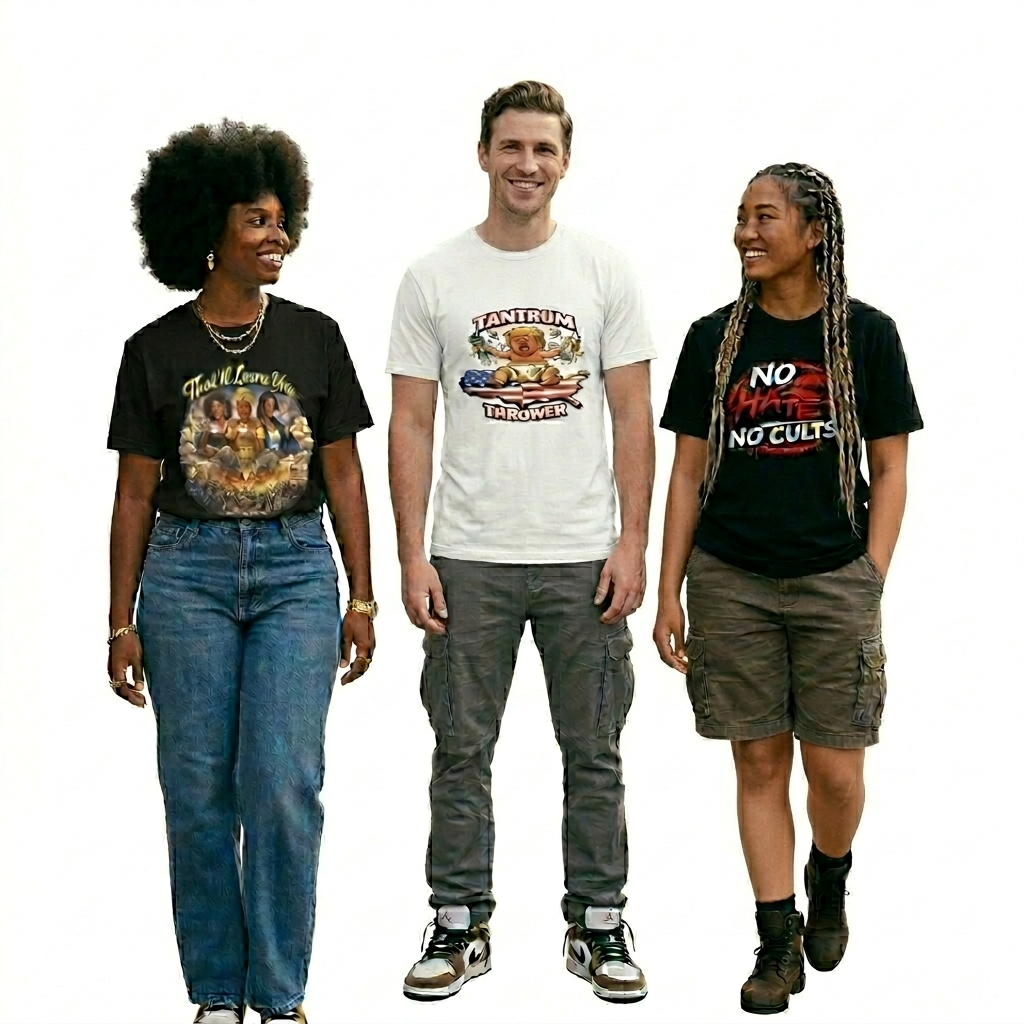 Three young adults modeling USA graphic t shirts and unapologetic political tee shirts from the Power to the People Co.