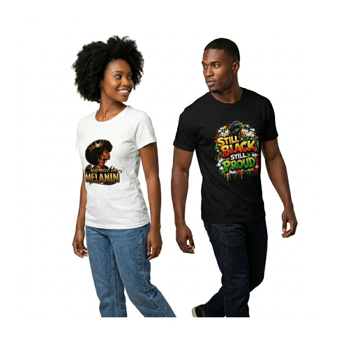 A man and woman wear and model different black pride shirts, which are types of black owned graphic tees